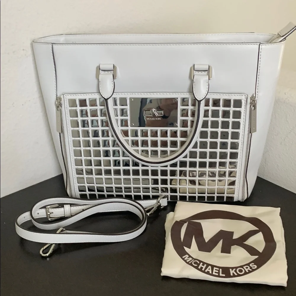Michael Kors Silver and White Tote Bag with Geometric Design